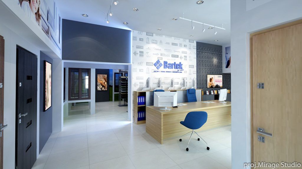 bartek-salon-sprzedazy-drzwi-i-okien-2 Nowoczesny salon sprzedaży drzwi i okien Bartek z elegancką strefą obsługi klienta i ekspozycją produktów.